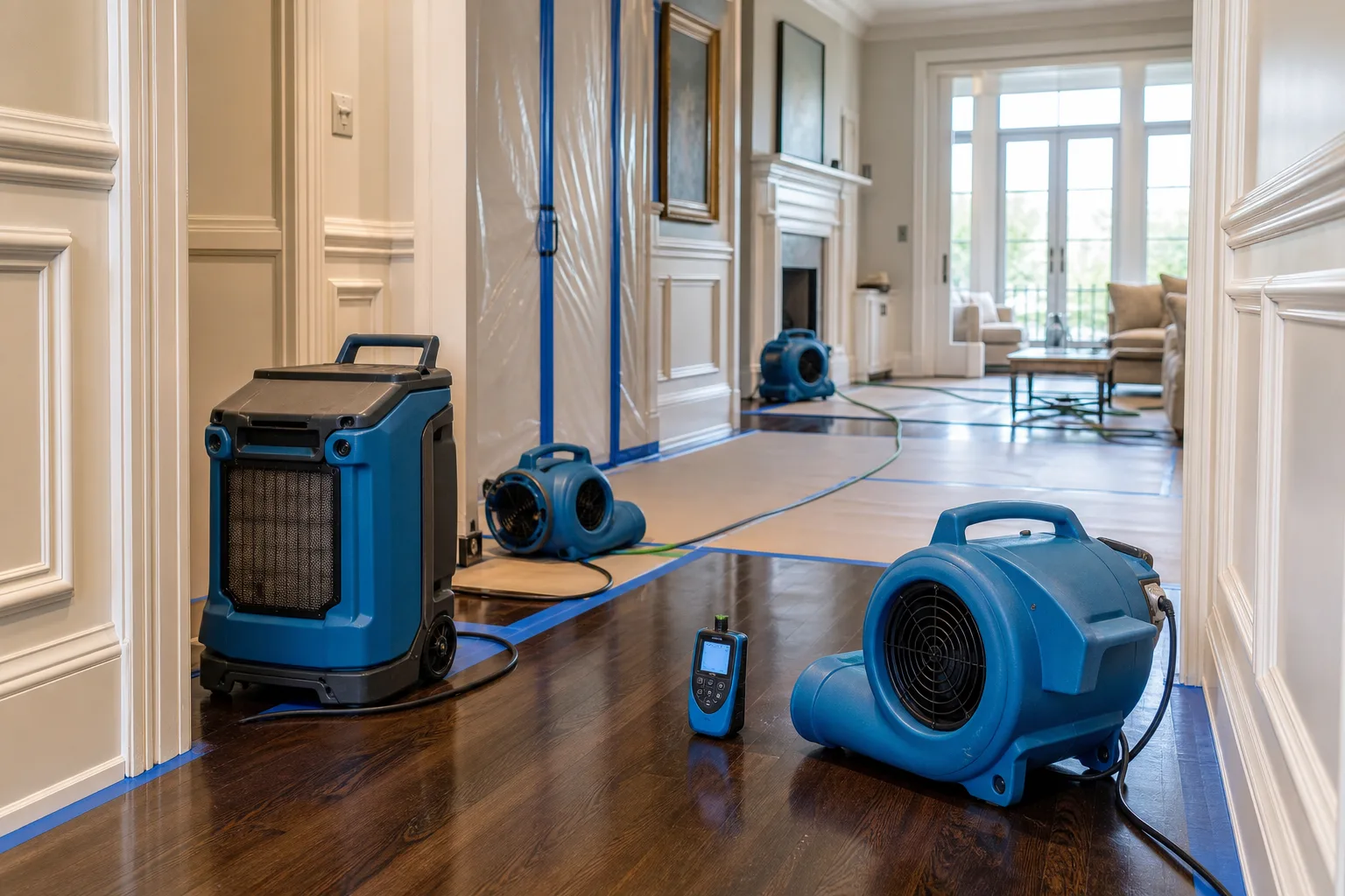 Air movers and dehumidification equipment set in a clean residential water mitigation area